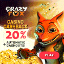Crazy Fox Casino 20% Cashback Bonus and Free Spins