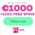 21.com Casino 1000 free spins and 275% up to €1,000 welcome bonus