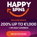 HappySpins Casino 200% up to €1,000 welcome bonus + 10% daily cashback. Plus, free spins, no deposit bonus, cashback, free bets, sportsbook promotions, tournaments, and VIP program.