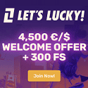 Lets Lucky Casino 150% up to €/$4,500 Welcome Bonus + 300 Free Spins + €/$20 Free Bets. Sportsbook, Live Casino, Jackpot Games, Promotions, Tournaments, Lucky Ride, VIP Program, and No Deposit Bonus.