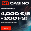 N1 Casino 10 free spins no deposit bonus on registration. Plus, €/$4,000 Welcome Bonus and 200 Free Spins. Monday Reload Bonus, Friday Roulette Bonus, Promo Codes, Cashback, Tournaments, and VIP Program.