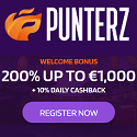 Punterz Casino 200% up to €1,000 welcome bonus + 10% daily cashback. Plus, free spins, no deposit bonus, cashback, free bets, sportsbook promotions, tournaments, and VIP program.