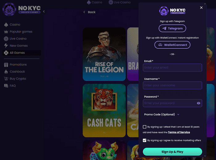 Rise of the Legion and Cash Cats slot games featured on the No KYC Casino website for free spins and online gaming.