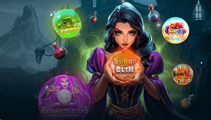 Enchanted woman holding a glowing sugar rush orb surrounded by colorful game icons like Sweet Romanz and Madam Destiny, promoting free spins and online casino games.