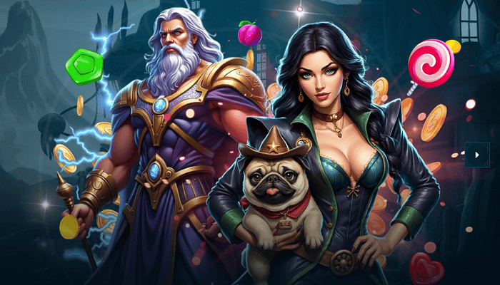 Epic fantasy-themed slot game featuring a wizard, a female adventurer, and a cute pug, with colorful coins and candies in a mystical background. Perfect for fans of free spins and online casino slots.