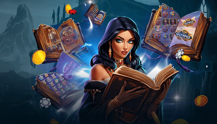 Bright fantasy-themed illustration of a confident female wizard reading a magical book with floating slot game symbols and coins, promoting free spins and online casino bonuses.