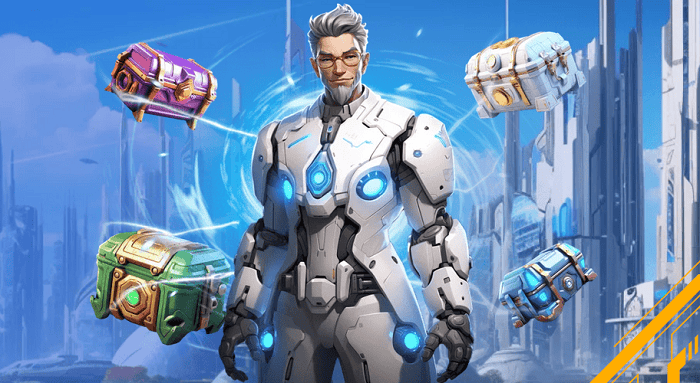 Futuristic man in robotic suit with floating treasure chests in sci-fi city background, promoting free spins and online casino bonuses, high-tech gaming, excitement, and slot machine rewards.