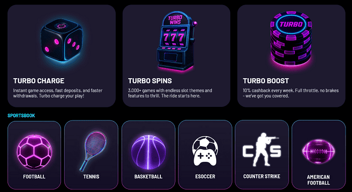 Turbo charge icon representing fast game access and withdrawals.